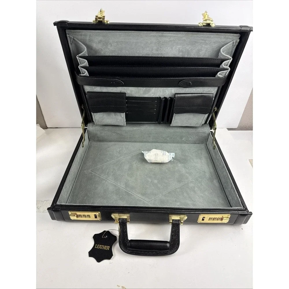 Vintage Black Leather Briefcase Hard Case Brass Dual Combination Locks New